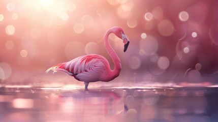beautiful pink flamingo on a lake with bokeh effect background - obrazy, fototapety, plakaty