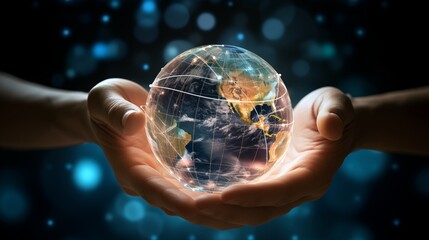 Pair of hands holding a transparent globe with digital connections and nodes superimposed over it, representing a network, global communication.