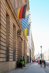 Facade of building with flags in Berlin, Germany