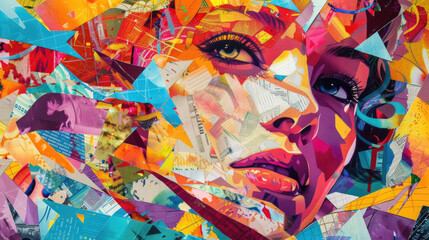 A vibrant painting featuring a womans face filled with a dynamic array of colors