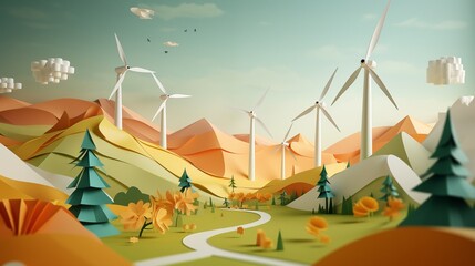 Paper art , renewable energy with green energy as wind turbines , Renewable energy by 2050 Carbon neutral energy.