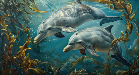 A painting depicting two dolphins gracefully swimming in the deep blue ocean