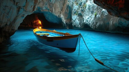 The Grotta Azzurra (Blue Grotto), a boat flowing during sundown. Drone view.  