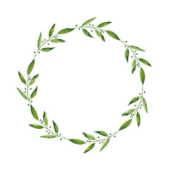 Watercolor wreath of green leaves. Hand drawn on isolated background. For design of packaging, menu, posters, website, textiles, brochures, flyers, invitations