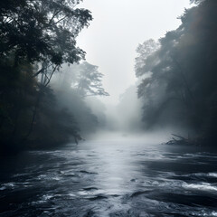 River flows from forest hills. Scenery with rocks in clearance of mysterious fog. Nature in early morning.	