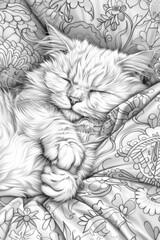 A drawing of a cat peacefully asleep on a cozy bed, curled up with eyes closed - obrazy, fototapety, plakaty