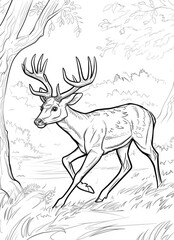 A deer sprinting amidst dense trees and foliage in a forest setting, captured in a coloring template