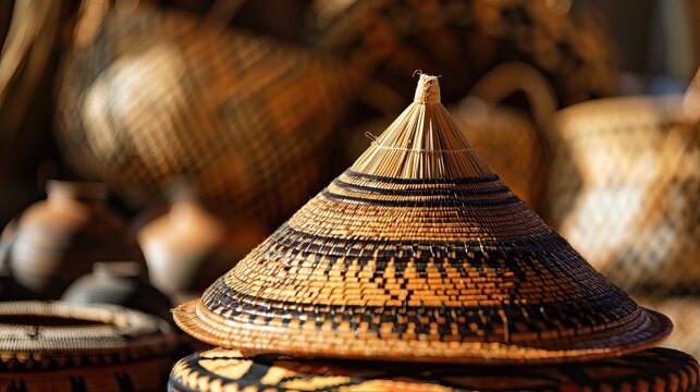 The traditional Basotho grass-works made hat, called "mokorotlo". It is a symbol of Lesotho's unification. African souvenirs. Southern Africa.

