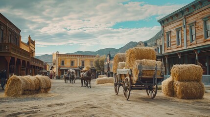 Town square as a western movie set. Spaghetti western. Cart loaded with straw bales. Travel...