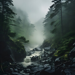 Mountain creek flows from forest hills. Scenery with rocks in clearance of mysterious fog. Nature in early morning.	 - obrazy, fototapety, plakaty