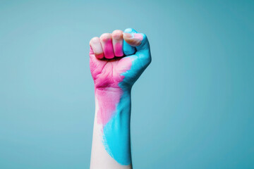 Close up of a raised fist with transgender flag