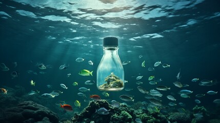 Plastic bottle floating in ocean with aquatic animal, fish. Ocean pollution, environmental...
