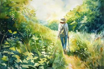 A painting depicting a man walking down a path in a natural setting
