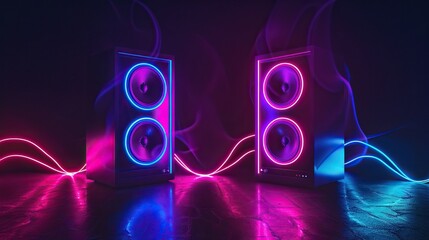 Two sound speakers in neon light with sound wave between them on black.

