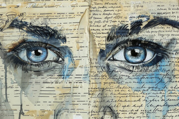 A painting of two blue eyes on a piece of paper