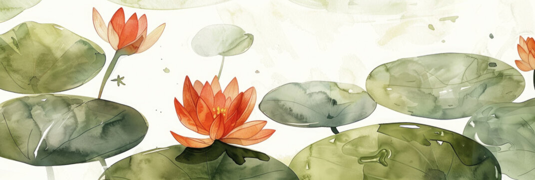 A painting featuring water lilies and green leaves, set against a white background