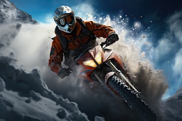A man skillfully rides a dirt bike on top of a snow-covered mountain, showcasing his daring and adventurous spirit in the harsh winter conditions