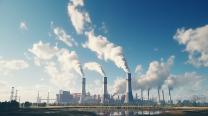 Power plant with smoking chimneys on a background of blue sky.Factories release CO2 into the atmosphere.Concept of carbon trading market.Atmospheric pollution.