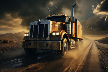 A truck is seen driving down a dirt road under a cloudy sky, showcasing the rugged terrain and overcast weather conditions