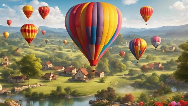  Colorful hot air balloons in the shape of hearts float gracefully above a peaceful rural landscape.