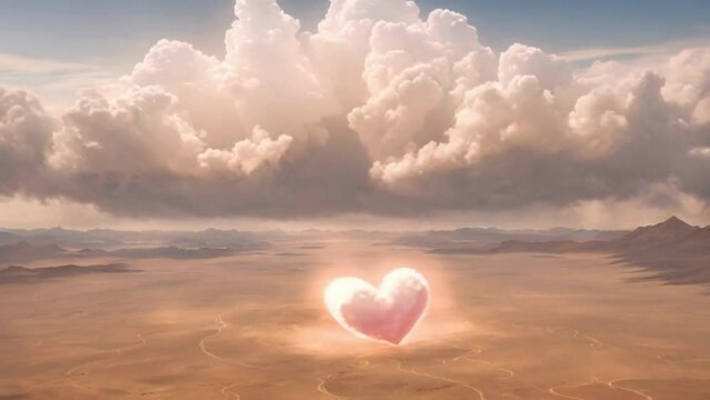 Drifting over the vast desert, a formation of clouds shaped like a heart captures the imagination and stirs up a deep sense of longing.