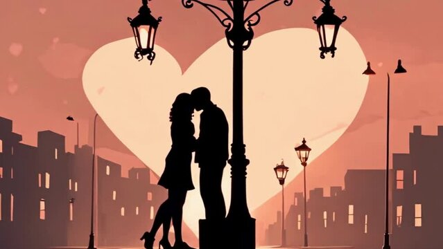 The silhouette of a heart formed by the intertwined bodies of a couple embracing beneath a charming streetlight as the sun sets.