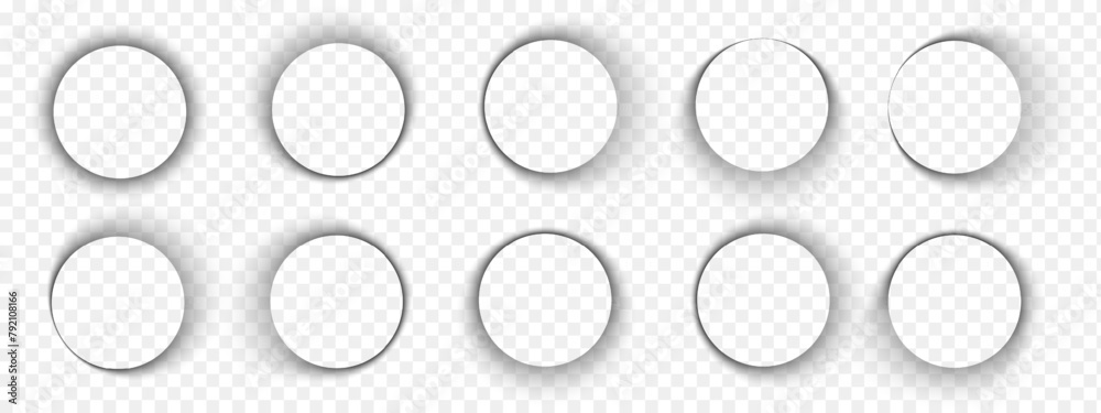 Poster Set of round shadows. Circle soft overlay effect. Rounded shapes with dark gradient borders isolated on transparent background. Empty circular shades on floor or paper. Vector realistic illustration.