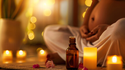 A bottle of aromatherapy essential oil with candles in a spa environment, with a pregnant woman...
