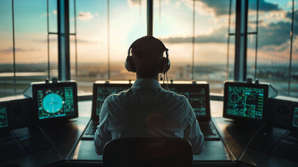 Air traffic controller operating in the control tower at the airport, supervising flights of airplanes - obrazy, fototapety, plakaty