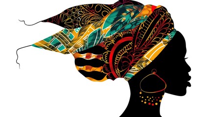Vector Portrait beautiful African woman in traditional turban, Kente head wrap, dashiki printing, black afro women vector silhouette Africa batik, ethnic zebra decoration cloth, hairstyle concept logo