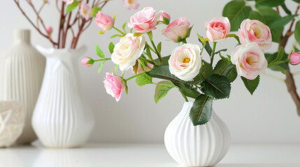 Delicate pink and white roses arranged in sleek white vases against a neutral background.