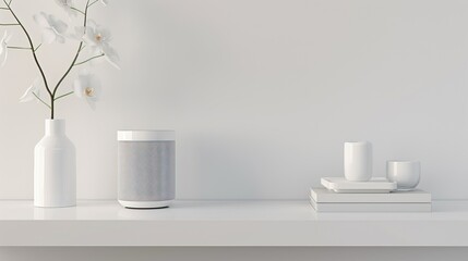 Fototapeta na wymiar White shelf with wireless speaker