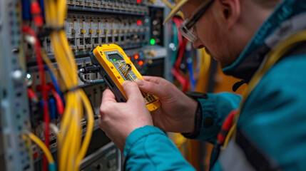 A focused technician uses a yellow network tester on server cables, ensuring proper data flow and connectivity.