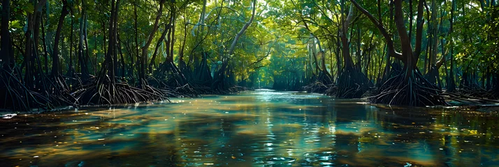 Fotobehang A serene and lush mangrove forest with intricate roots and vibrant green foliage, providing a habitat for diverse marine life and contributing to coastal conservation efforts. © ELmahdi-AI