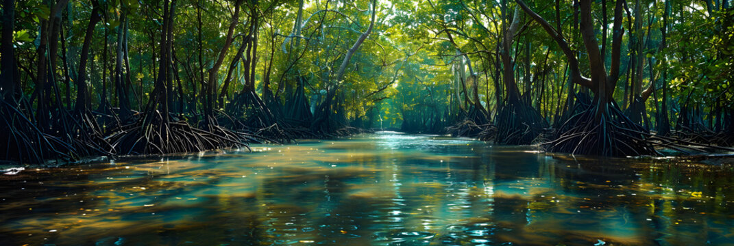 A serene and lush mangrove forest with intricate roots and vibrant green foliage, providing a habitat for diverse marine life and contributing to coastal conservation efforts.