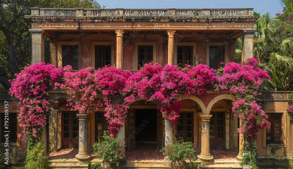 Poster a charming building adorned with vibrant pink bougainvillea flowers climbing its side, creating a pi