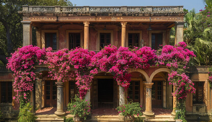 Fototapeta na wymiar A charming building adorned with vibrant pink Bougainvillea flowers climbing its side, creating a picturesque and enchanting scene 