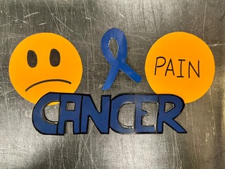 A blue and orange sign that says Cancer and Pain