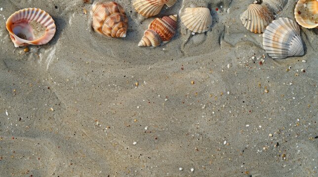 summer background with shells on the sand. the concept of a beach holiday. a place for text, advertising