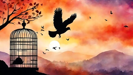Soaring High: The Spirit of Independence at Dawn pigeon flying after breaking the cage