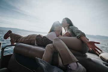 Two joyful adults share a carefree moment lounging on a boat, embodying the essence of relaxation...