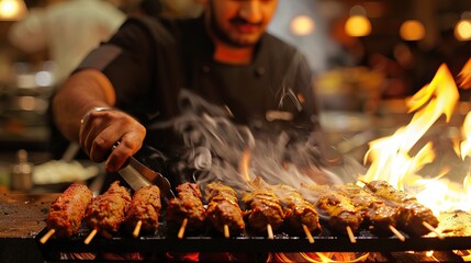A chef is making Seekh Kabab over flame created from burning coal.

