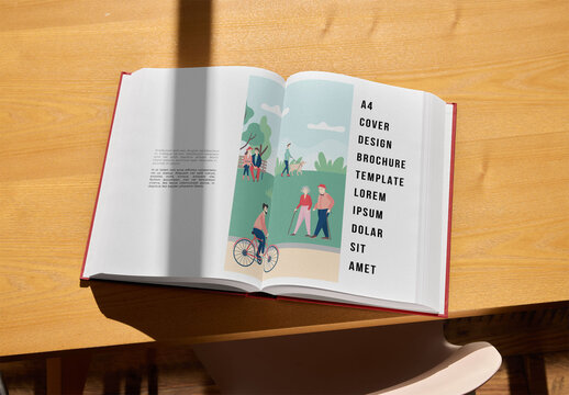 Mockup of open hardback A4 book with customizable pages