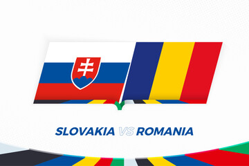 Slovakia vs Romania in Football Competition, Group E. Versus icon on Football background.