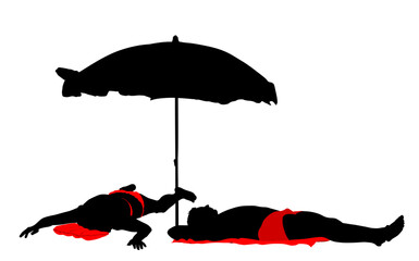 Handsome couple in love sunbathing on beach under parasol laying down vector silhouette illustration isolated. Sexy suntan bikini woman,man in swimwear. Summer time relaxing. Skin care sun protection. © dovla982