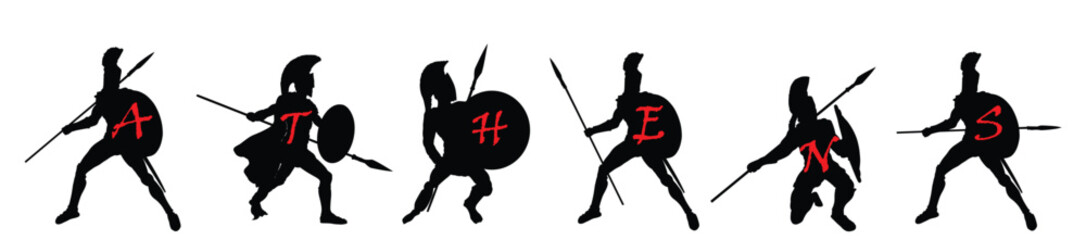 Greek hero ancient Athens soldier with spear, helmet and shield in battle vector silhouette illustration isolated on background. Brave warrior in combat against Persians empire symbol shape.