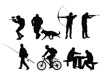 Man outdoor hobby activity set vector silhouette isolated. Archer boy and hunter man with rifle. Fisherman. Friends play chess game in park. Paintball  action. Male riding bicycle. Urban dog running