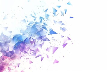 Abstract background with blue and purple triangles, white space in the center of the composition, white background, low poly style, futuristic shapes flying around Generative AI