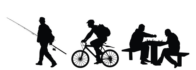 Man outdoor hobby activity set vector silhouette illustration isolated. Senior fisherman with fishing rod shape. Friends play chess game in park shadow. Urban boy riding bicycle with helmet, backpack.