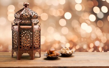 Holy month Ramadan with lantern on desk